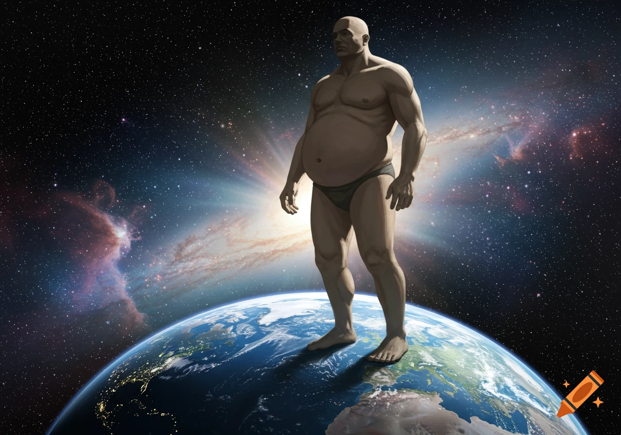 A bald, muscular man in a swimsuit stands on Earth in outer space, against a backdrop of stars and galaxies.