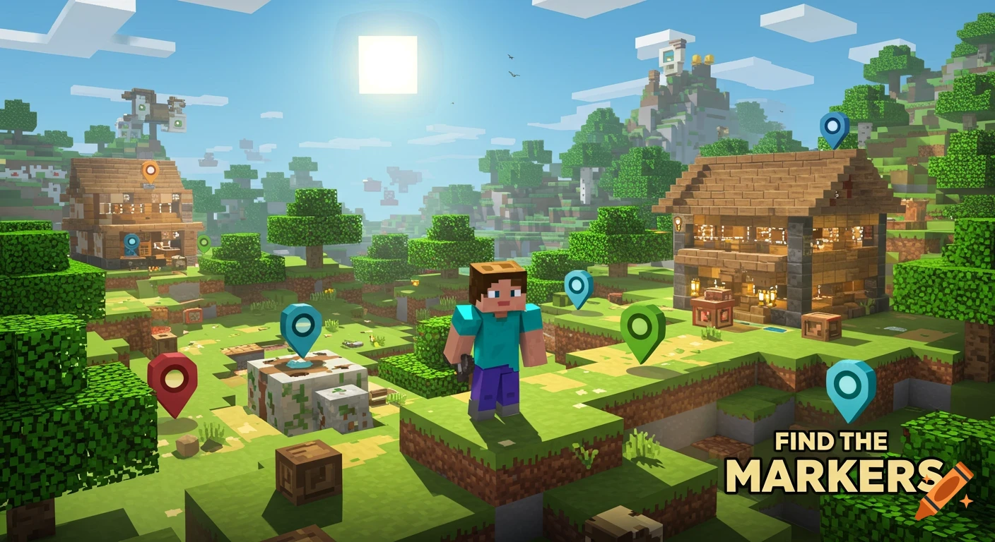 Steve stands in a vibrant Minecraft landscape with blocky trees, houses, and colorful markers under a sunny sky. Text reads 'FIND THE MARKERS'.