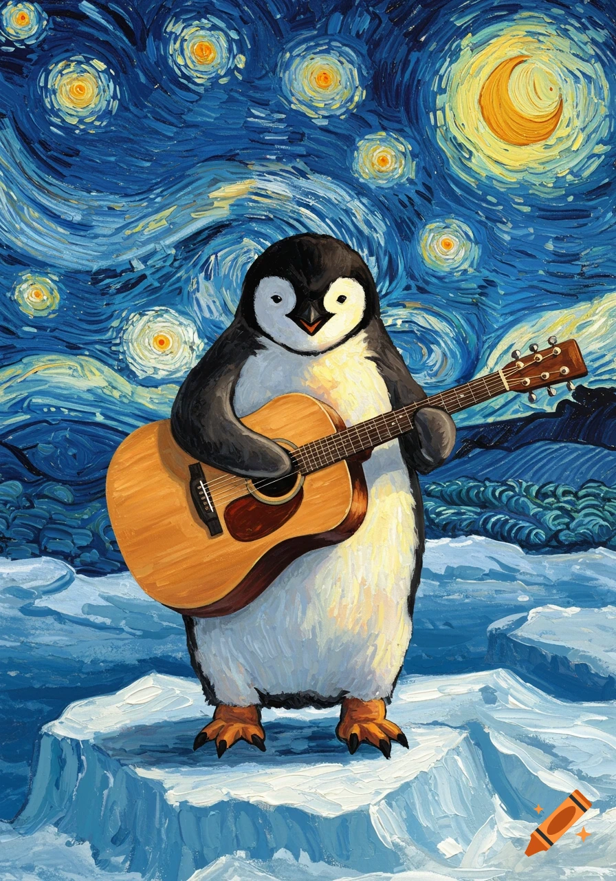 A penguin playing an acoustic guitar against a swirling, starry night sky in the style of Van Gogh.