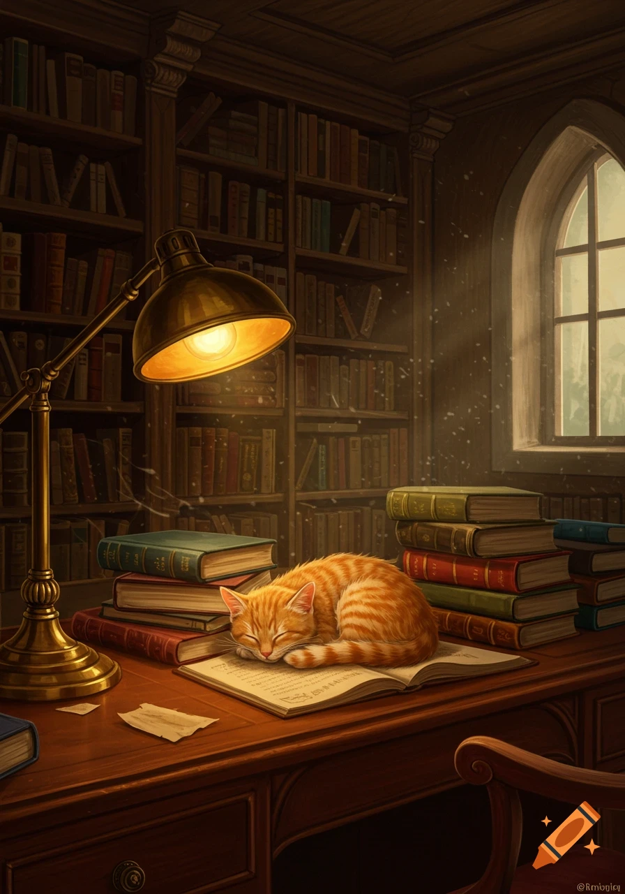An orange cat sleeps peacefully on a stack of books under a warm lamp in a cozy library, with bookshelves and a window in the background.