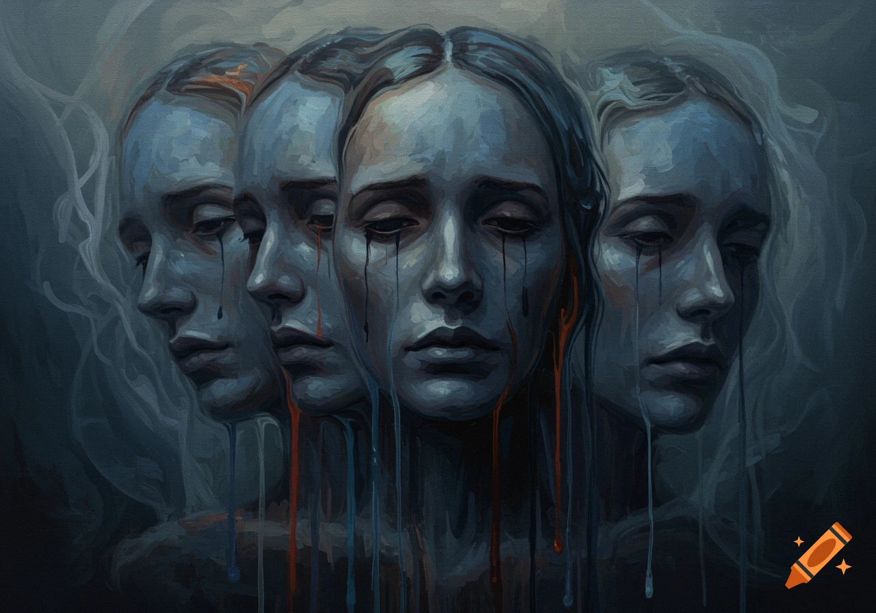 A dark oil painting depicting multiple distorted faces of a person, with paint appearing to melt or drip, conveying a sense of sadness or depression.