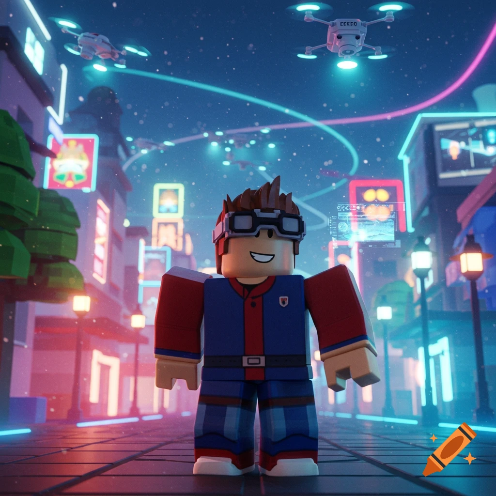A smiling Roblox character wearing goggles and a blue and red jacket stands in a neon-lit futuristic city with drones flying overhead.