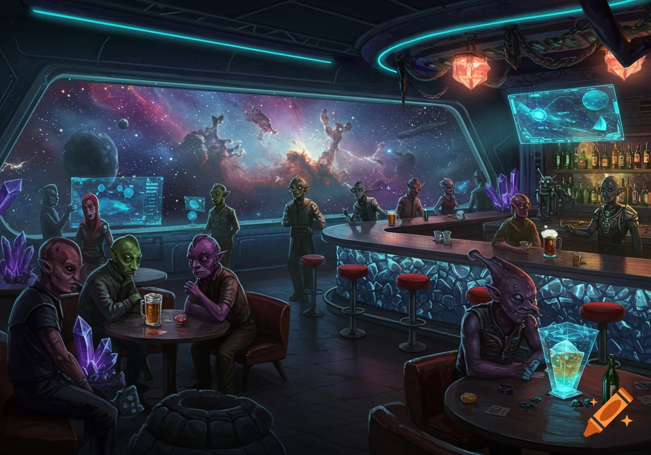 Aliens in a sci-fi space tavern, with a large window overlooking a colorful nebula and planets.