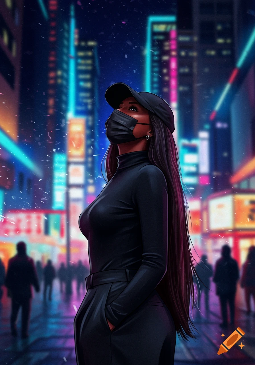 A woman in a black turtleneck, black baseball cap, and black face mask looks up in a neon-lit city at night.
