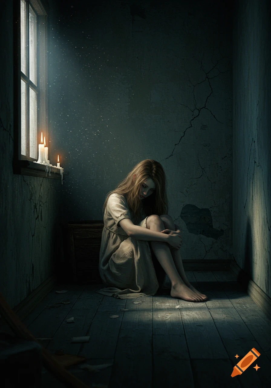A sad girl sits on the floor in a dark room, illuminated by light from a window and candles.