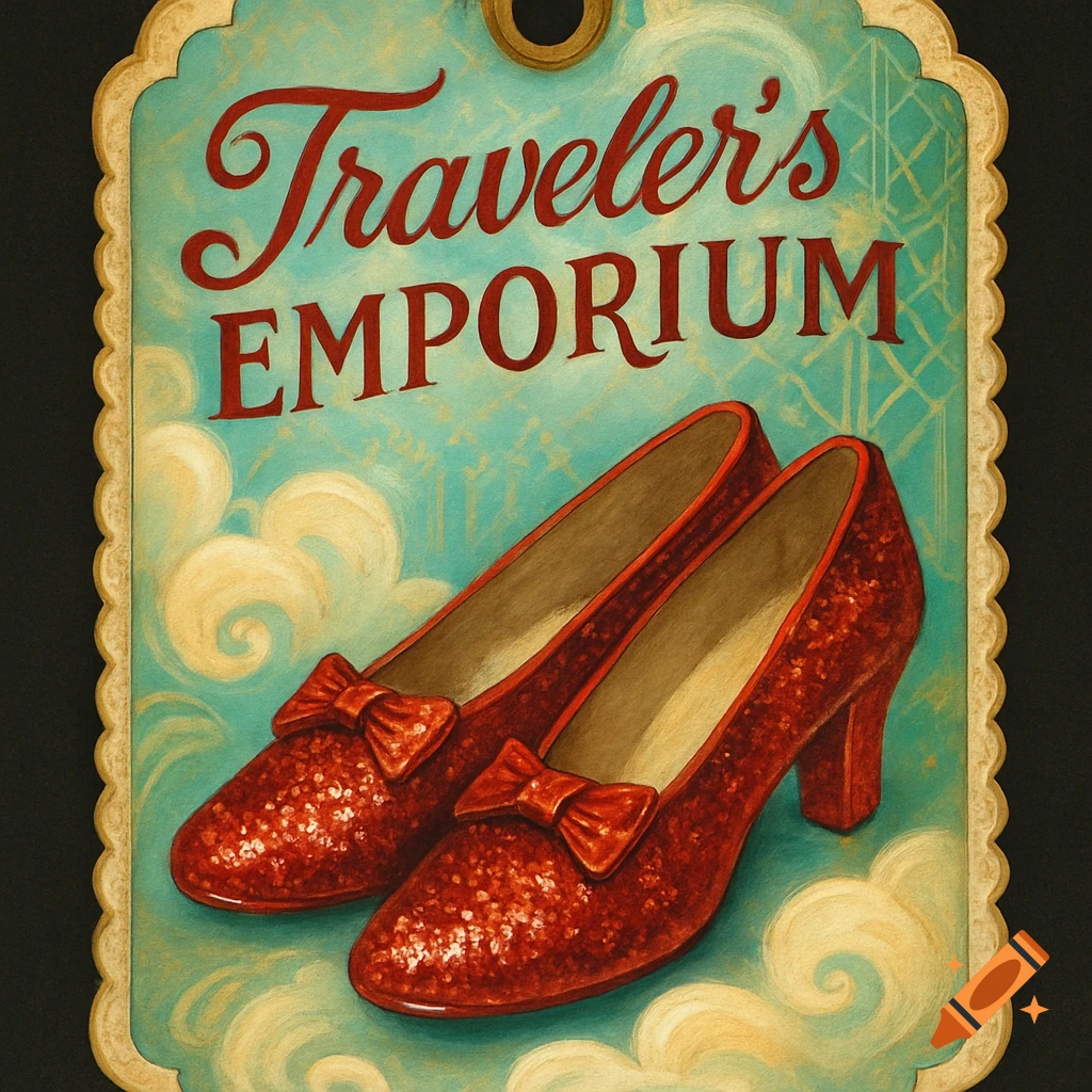 A vintage-style tag featuring red glitter high heels with bows and the text "Traveler's Emporium" on a teal background with clouds.