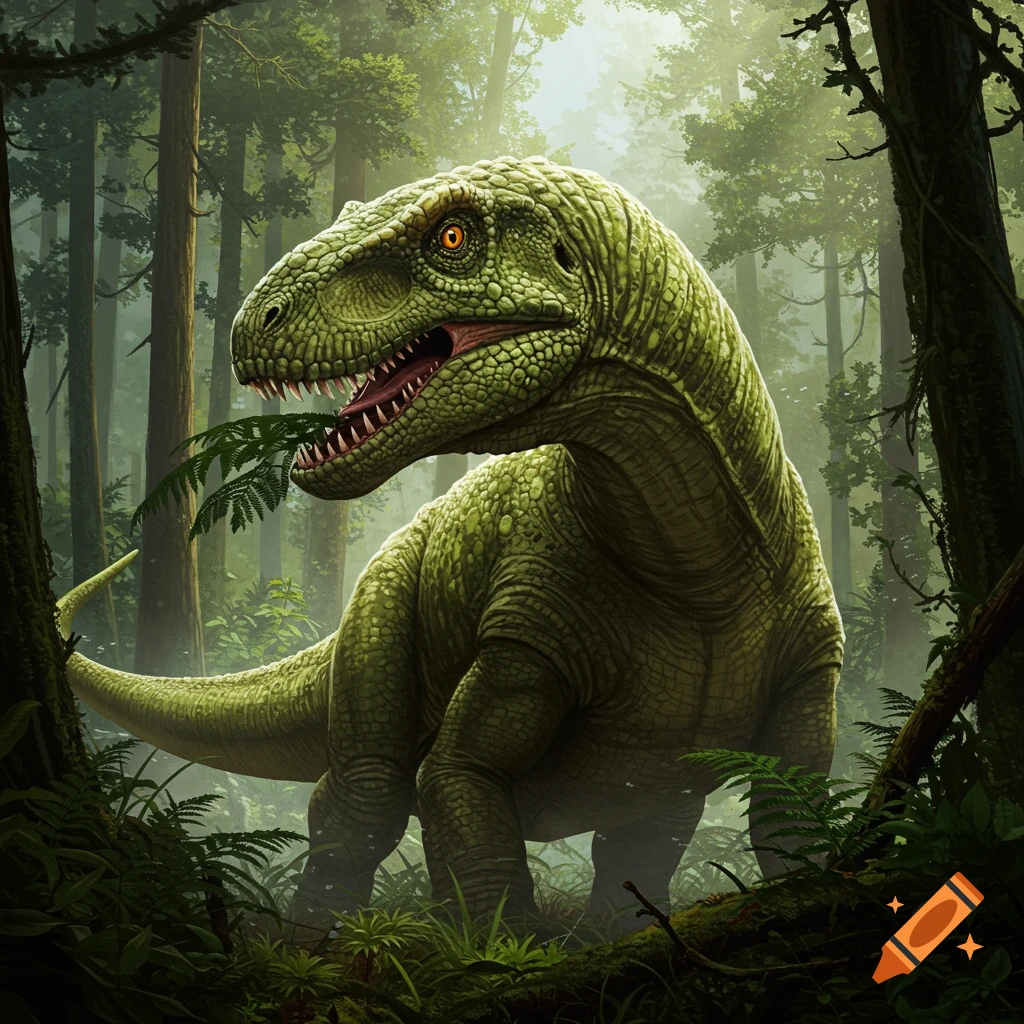 A large, green, scaly dinosaur with orange eyes and sharp teeth stands in a lush, sunlit prehistoric forest.