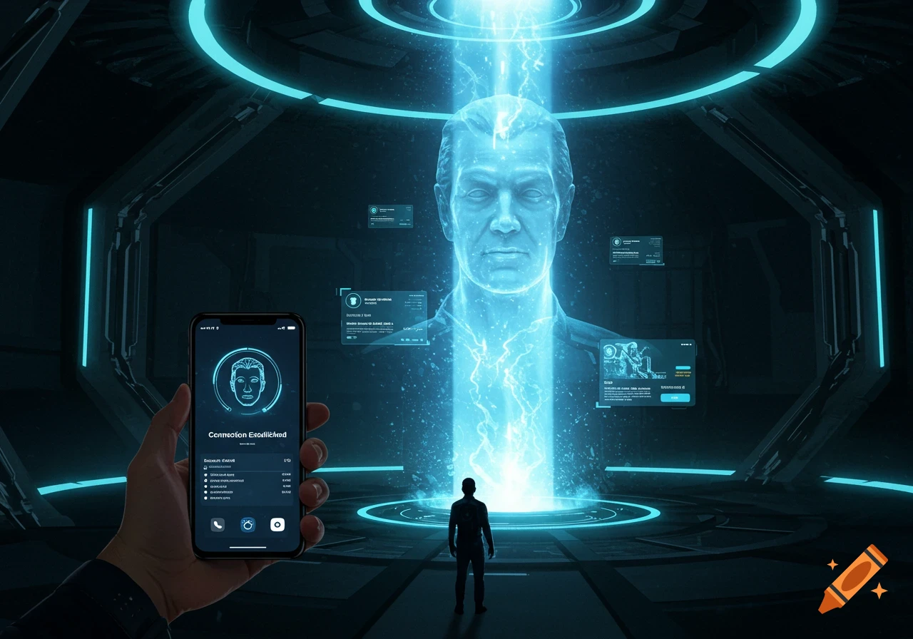 A person holds a smartphone displaying a holographic face and 'Connection Established', while a large blue glowing holographic head of 'Zordon' projects from a platform in a futuristic chamber, with a silhouetted figure standing before it.
