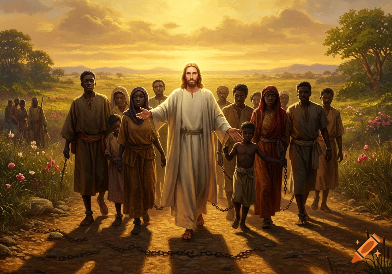 Jesus leads a diverse group of people, some with broken chains, through a golden, sunlit landscape, symbolizing freedom.