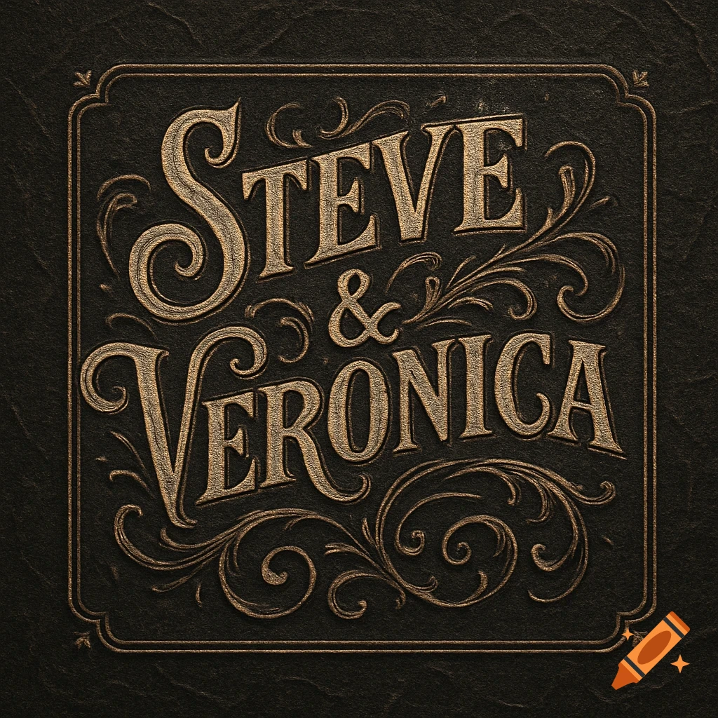 Vintage letterpress logo with ornate gold text 'Steve & Veronica' on a dark, textured background.