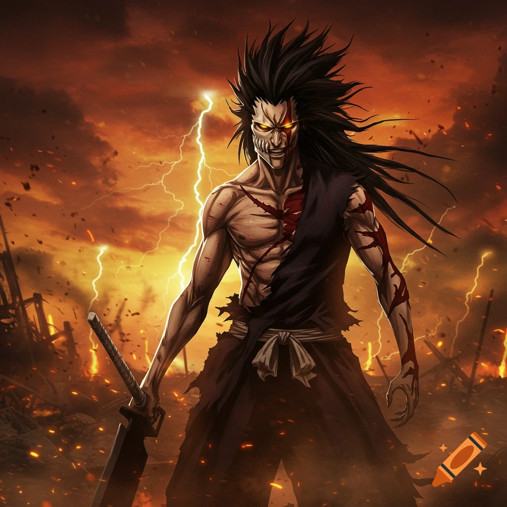 A menacing, scarred anime warrior with a skull mask and a large sword stands in a fiery, lightning-filled landscape.