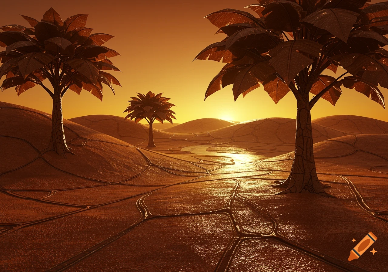 A desert-like landscape with large, stylized leather palm trees and a reflective river under a warm orange sunset.