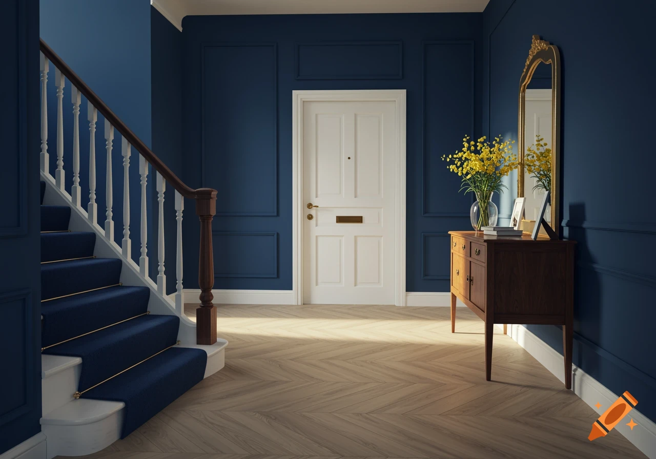 A photorealistic image of a home entryway with navy blue walls, a light wooden herringbone floor, a white door, a staircase with navy blue carpet, and a wooden sideboard with a mirror and a vase of yellow flowers.