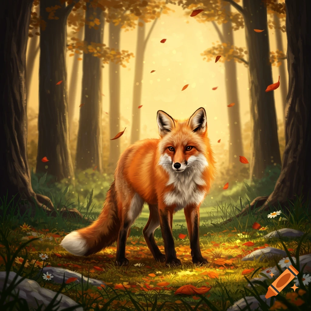 A red fox stands among fallen autumn leaves in a sunlit forest. on Craiyon