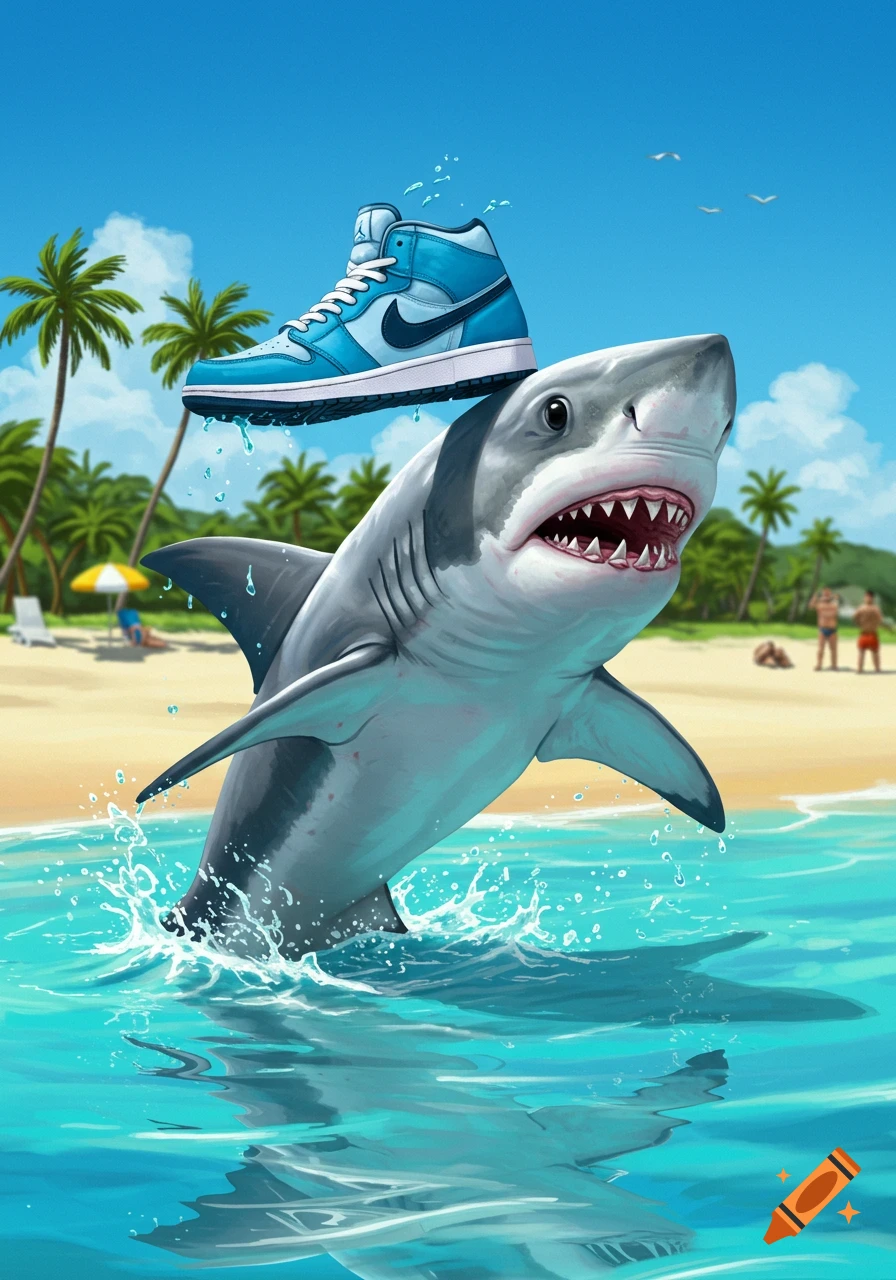 A cartoon shark leaps from the ocean with a blue sneaker on its head at a tropical beach.