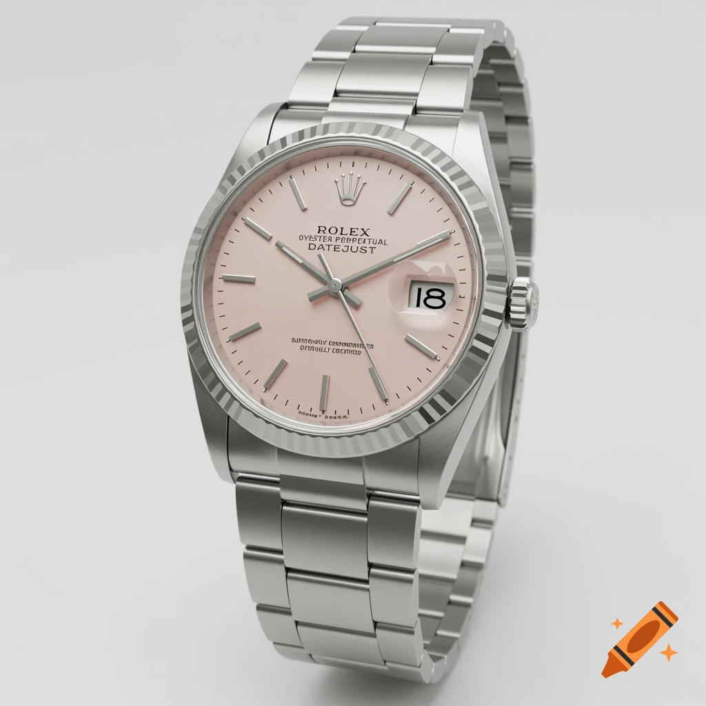 Close-up of a stainless steel Rolex Datejust watch with a pale pink dial and a black date wheel showing '18'.