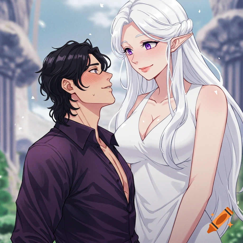 An anime-style image of a dark-haired man in a purple shirt looking up at a white-haired elf woman in a white dress, both with purple eyes, in an outdoor setting.