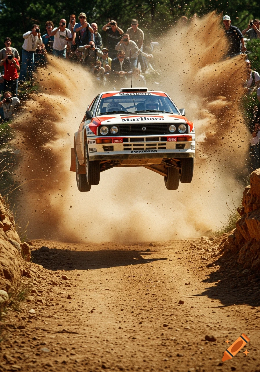 A white and red Marlboro rally car jumps high over a dirt track, kicking up a large cloud of dust, with spectators watching from a hillside.