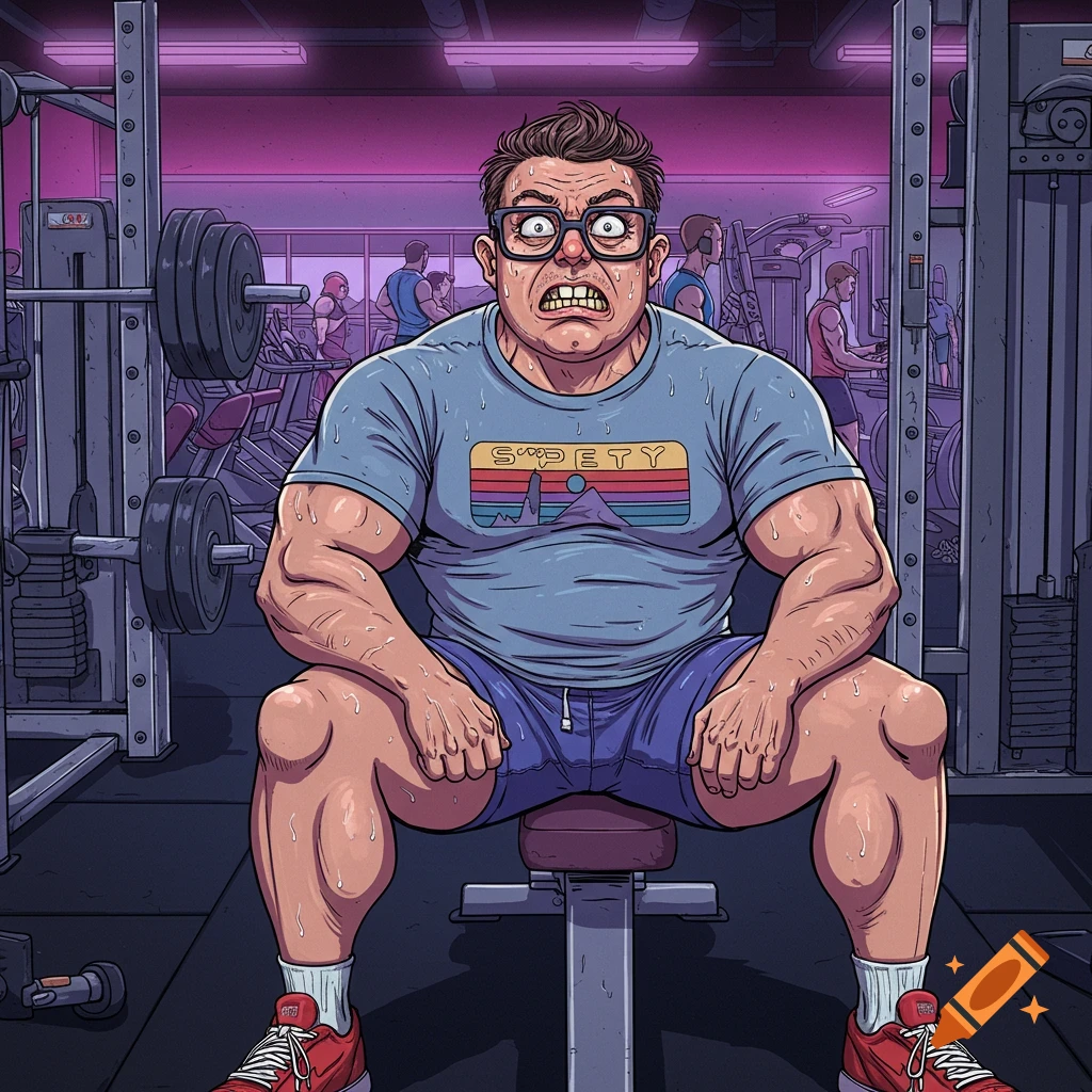 An illustrated, sweaty, buff man with glasses and buck teeth sits on a bench in a gym, looking exhausted, with workout equipment and other people in the background.