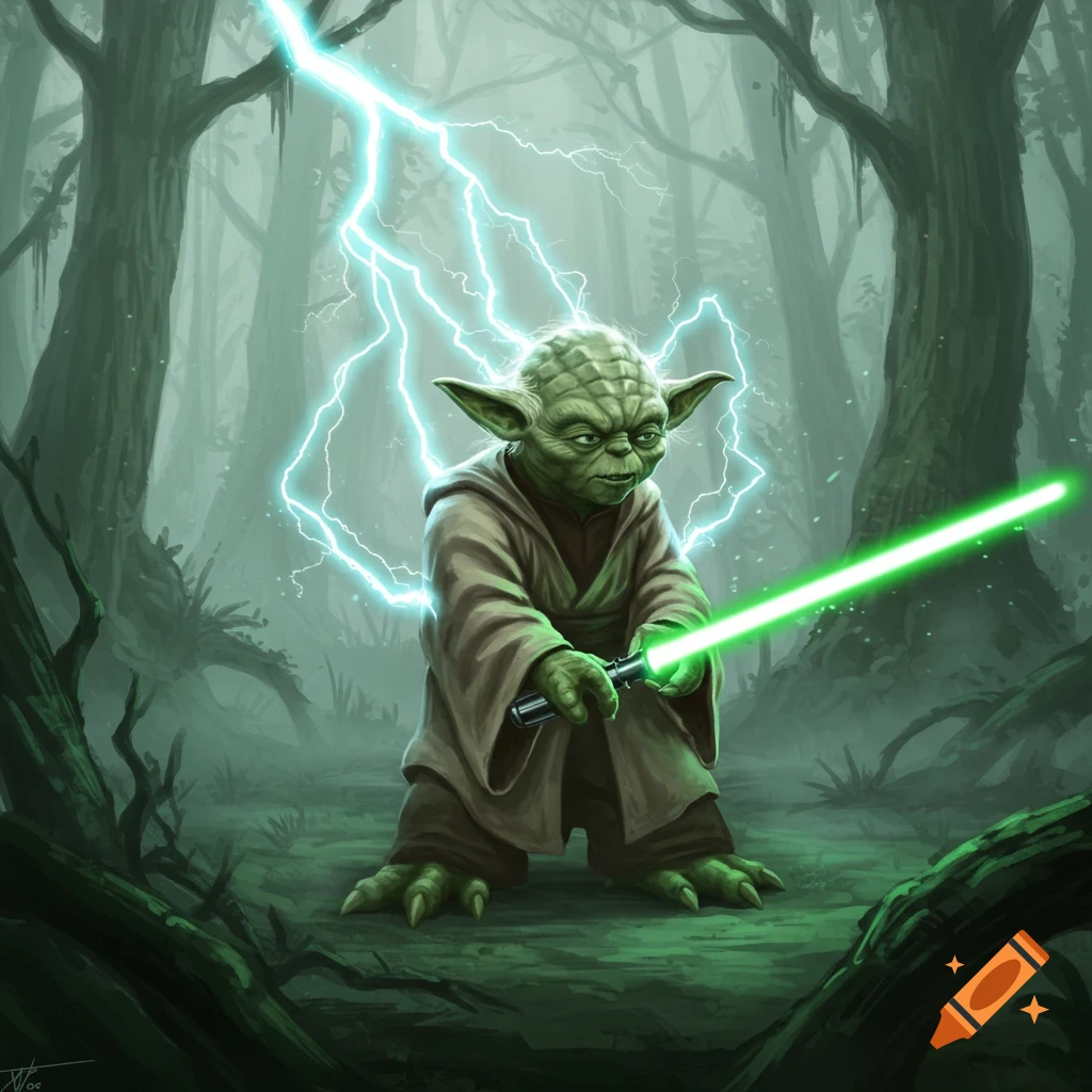 Illustration of Jedi Master Yoda wielding a green lightsaber, surrounded by crackling blue lightning in a misty swamp.