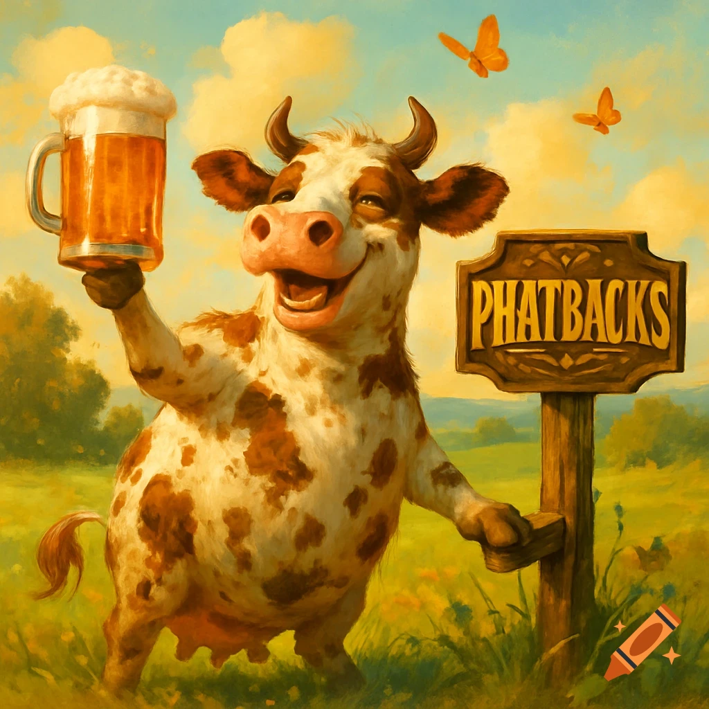 A cheerful cartoon cow holds a beer mug in a sunny field, next to a sign reading 'PHATBACKS'.