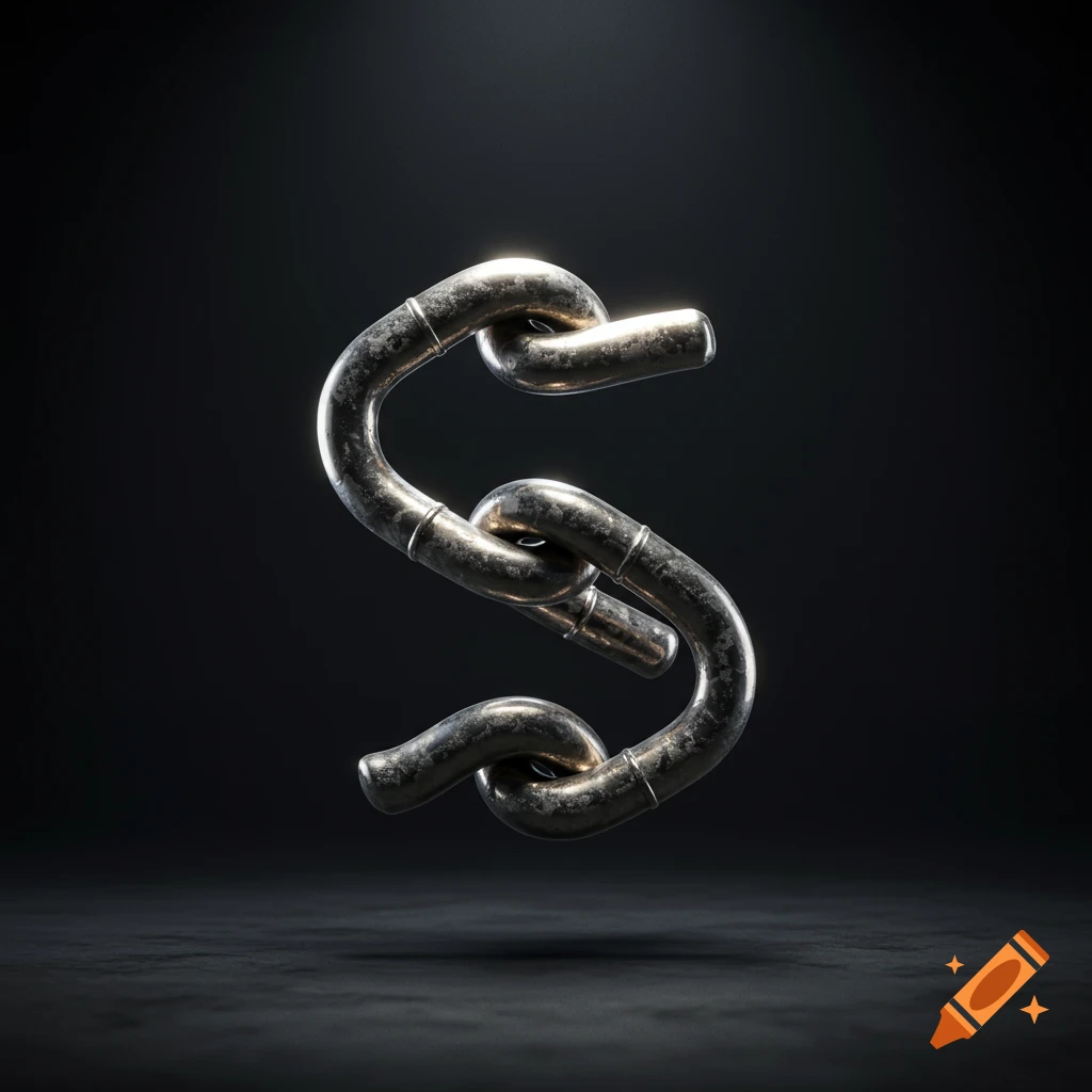 A shiny, textured metal chain forms the letter S against a dark background, with light reflecting off its surface.