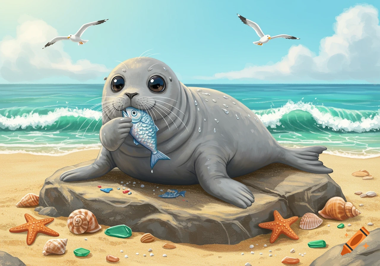 A cute cartoon seal sits on a rock on a sandy beach, holding a fish in its mouth. Two seagulls fly over the ocean in the background.