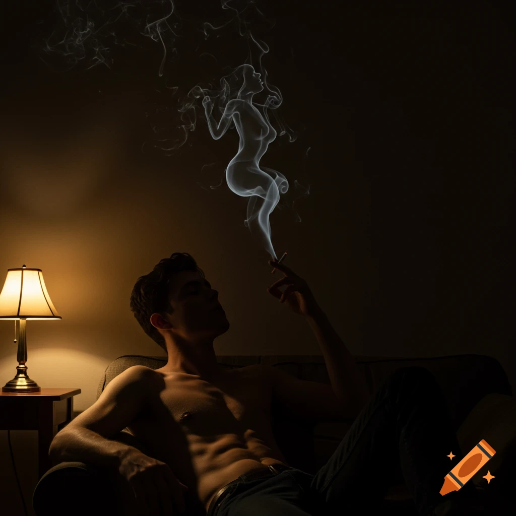 Photorealistic image of a bare-chested man smoking in a dark room, with smoke forming a curvaceous woman figure.