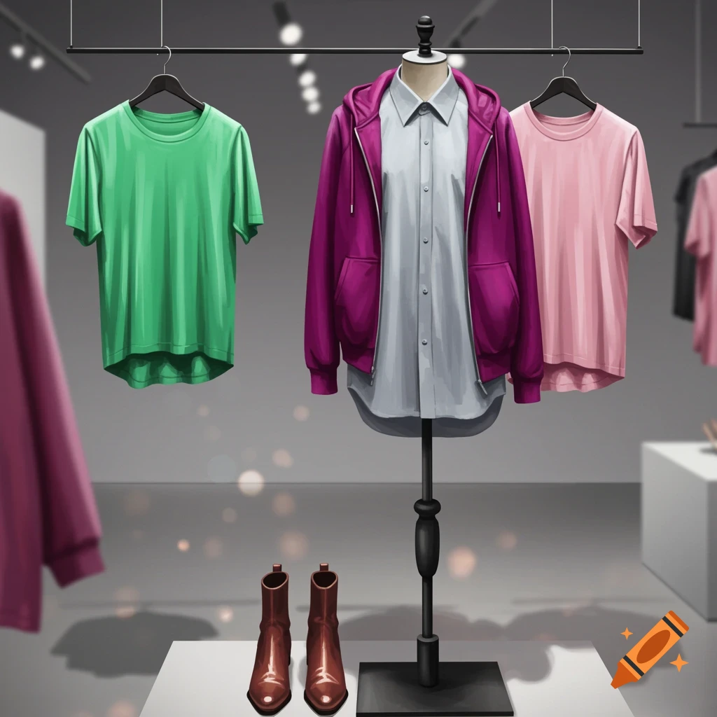 A mannequin wearing a light gray shirt and magenta hoodie, with green and pink shirts on hangers and copper brown boots in a retail display.
