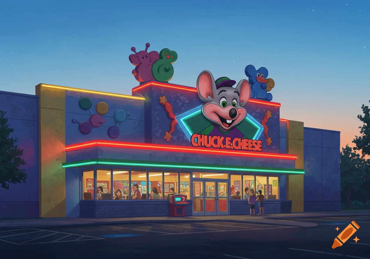 A stylized illustration of a Chuck E. Cheese building at dusk, with its bright neon sign glowing and people visible inside and outside.