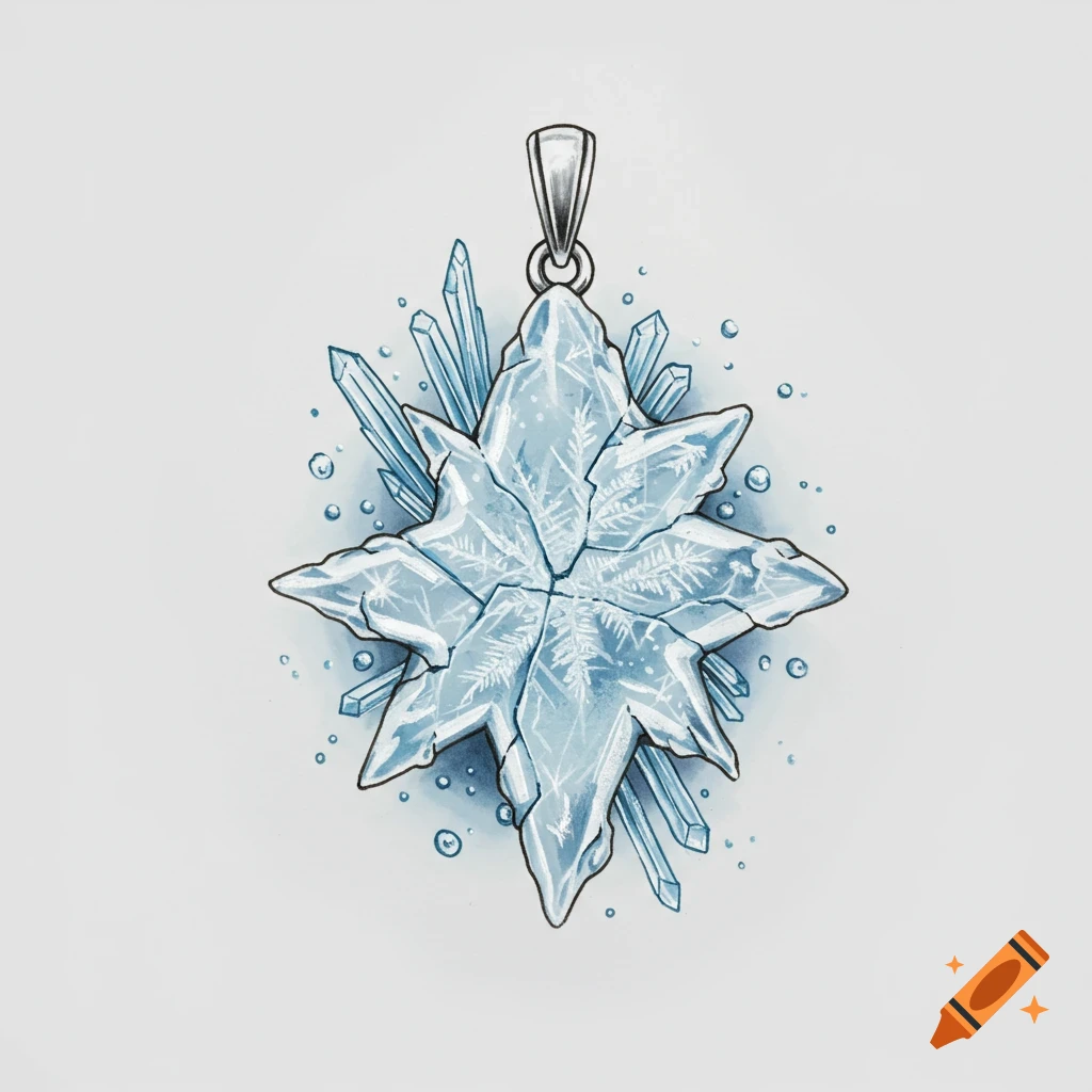 A sketch drawing of an icy pendant shaped like a star with ice crystals.