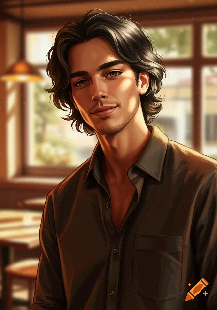 A handsome man with dark wavy hair and a friendly smile in a semi-realistic digital art style, looking forward in an indoor setting.