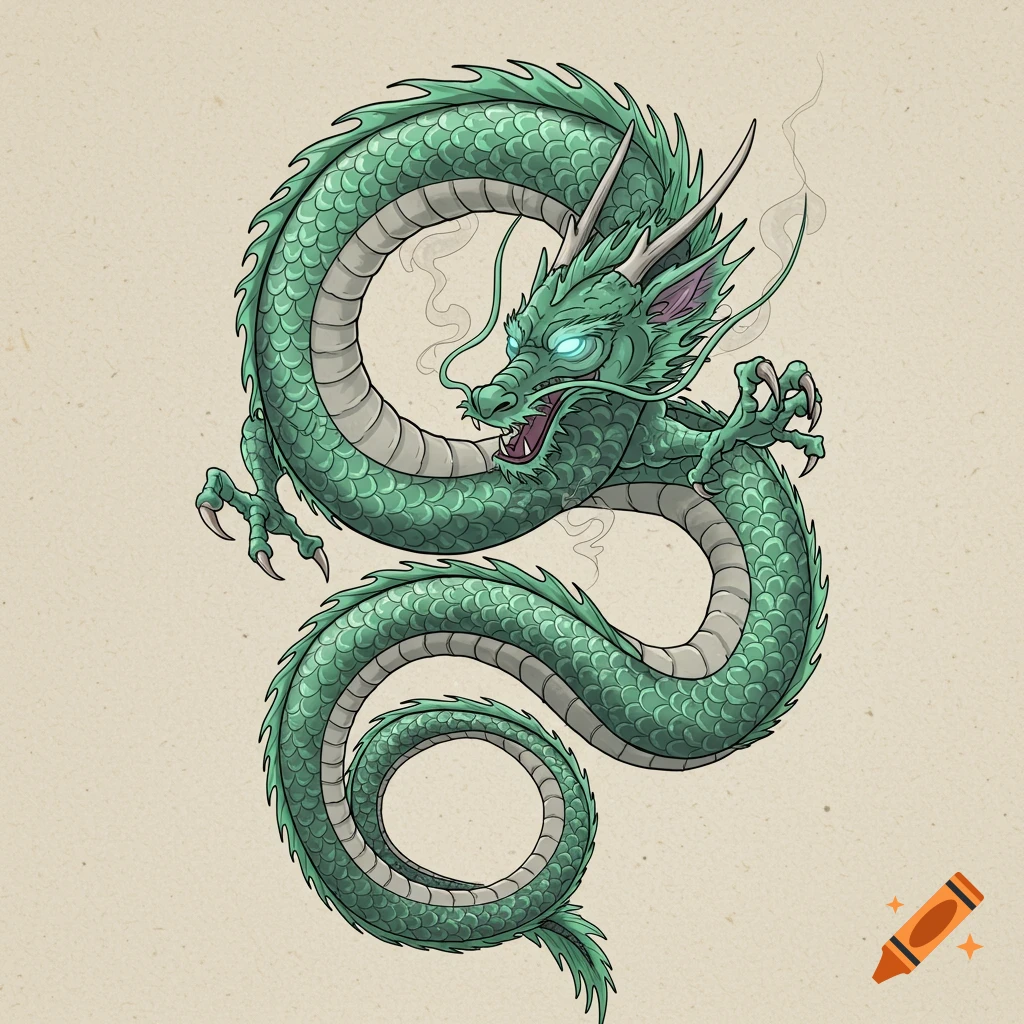 A detailed illustration of a green oriental dragon with glowing blue eyes, coiled against a textured light background.
