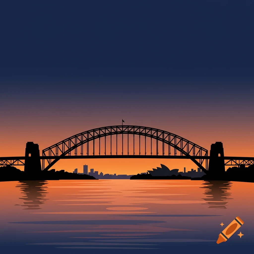A minimalist vector illustration of the Sydney Harbour Bridge and Opera House silhouetted against a gradient sunset sky over water.