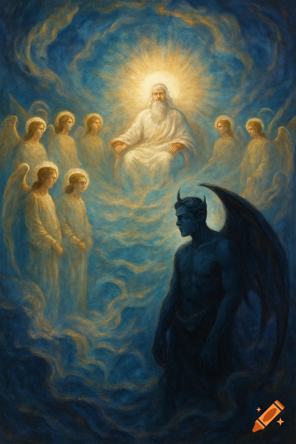 A celestial scene showing God on a throne with angels, facing a dark, winged demonic figure, in a painterly style.