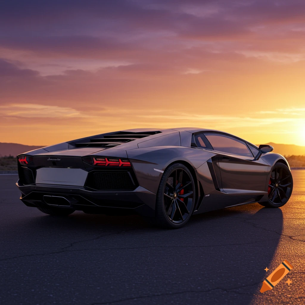 Photorealistic dark grey Lamborghini Aventador on an asphalt road at sunset with orange and purple sky.
