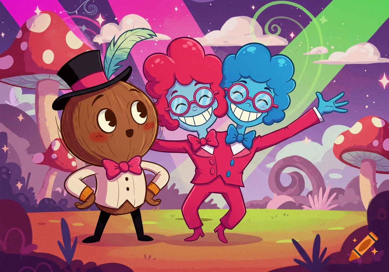 A dapper coconut-headed character stands next to two smiling conjoined twin characters with red and blue hair, wearing suits, in a whimsical mushroom forest.