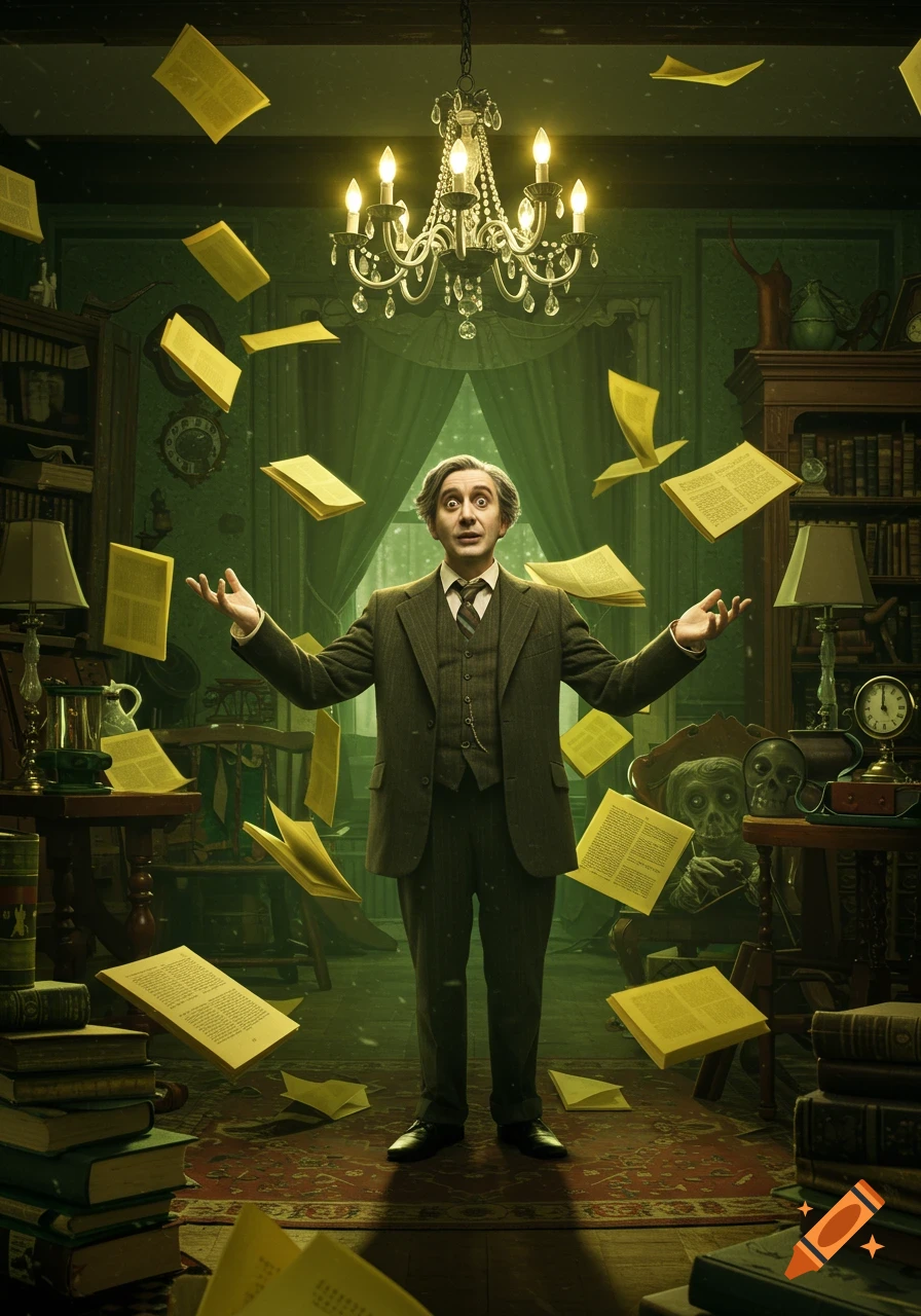 A man with a surprised expression stands in a dimly lit, green study with books floating around him and a chandelier above.