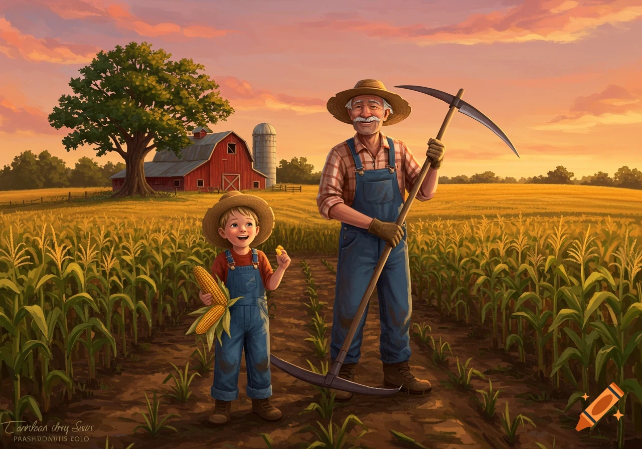 A young boy holding corn and an old man with a scythe stand in a cornfield at sunset, with a red barn in the background. Digital art style.