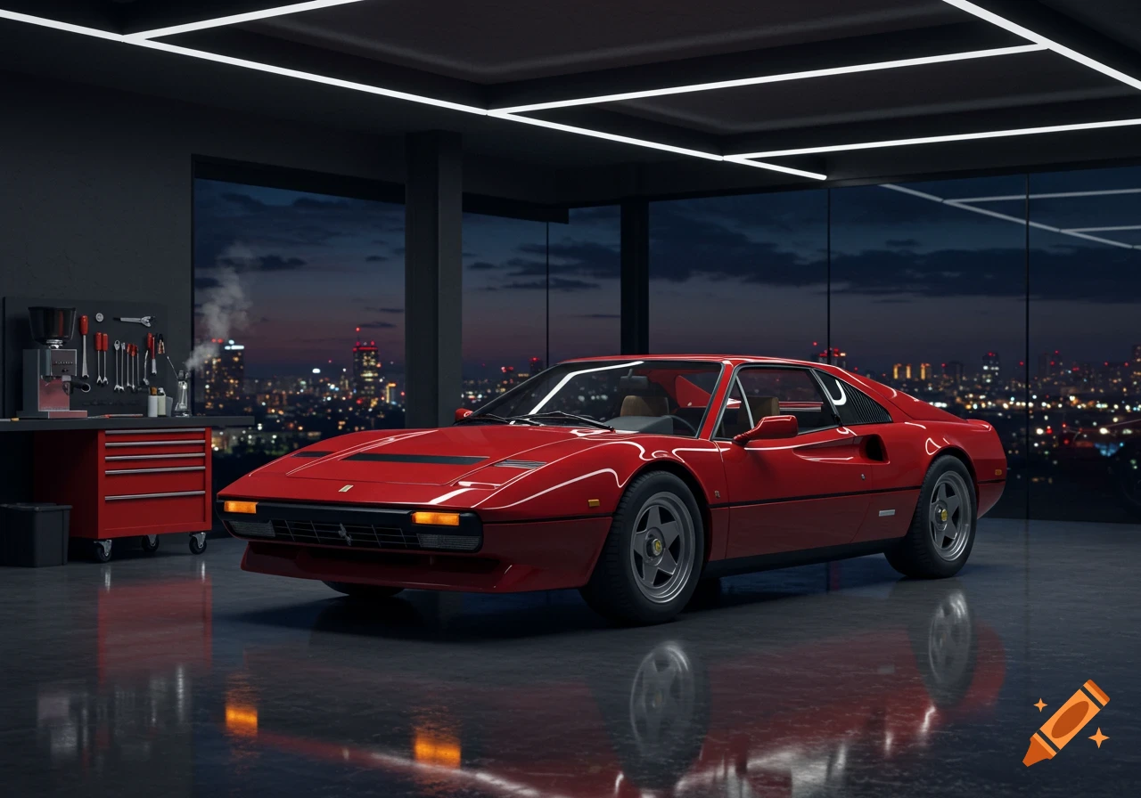 A red Ferrari 308 parked in a sleek modern garage with large windows overlooking a city skyline at dusk, photorealistic style.