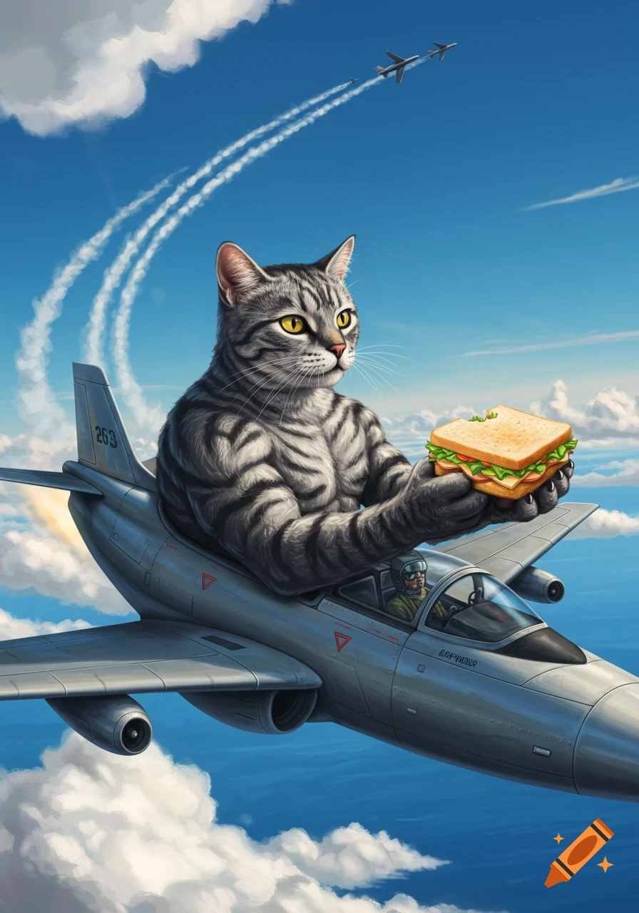 A muscular gray tabby cat, with a muscular human-like upper body, flies a jet plane while holding a bitten sandwich in its paws. Other jets fly in the blue sky with clouds.