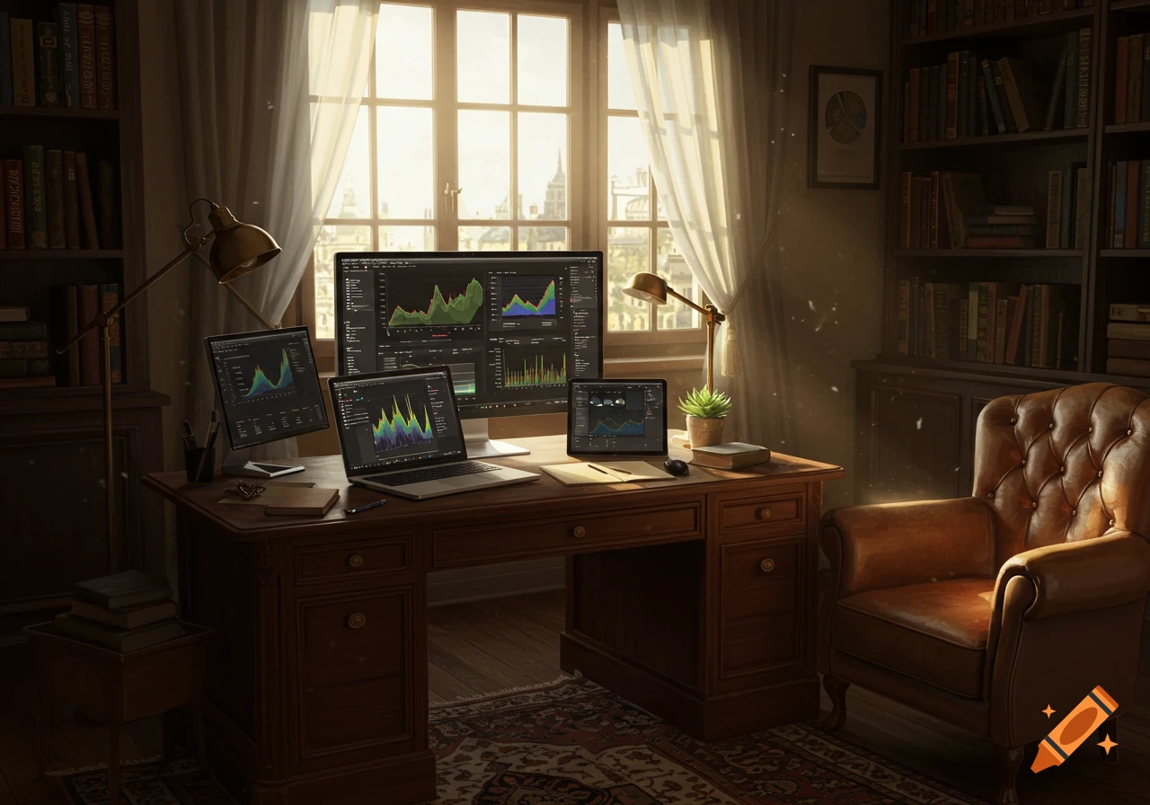 A photorealistic image of a cozy study room with a wooden desk, multiple computer screens displaying data, a leather armchair, and bookshelves. Sunlight streams through a large window.