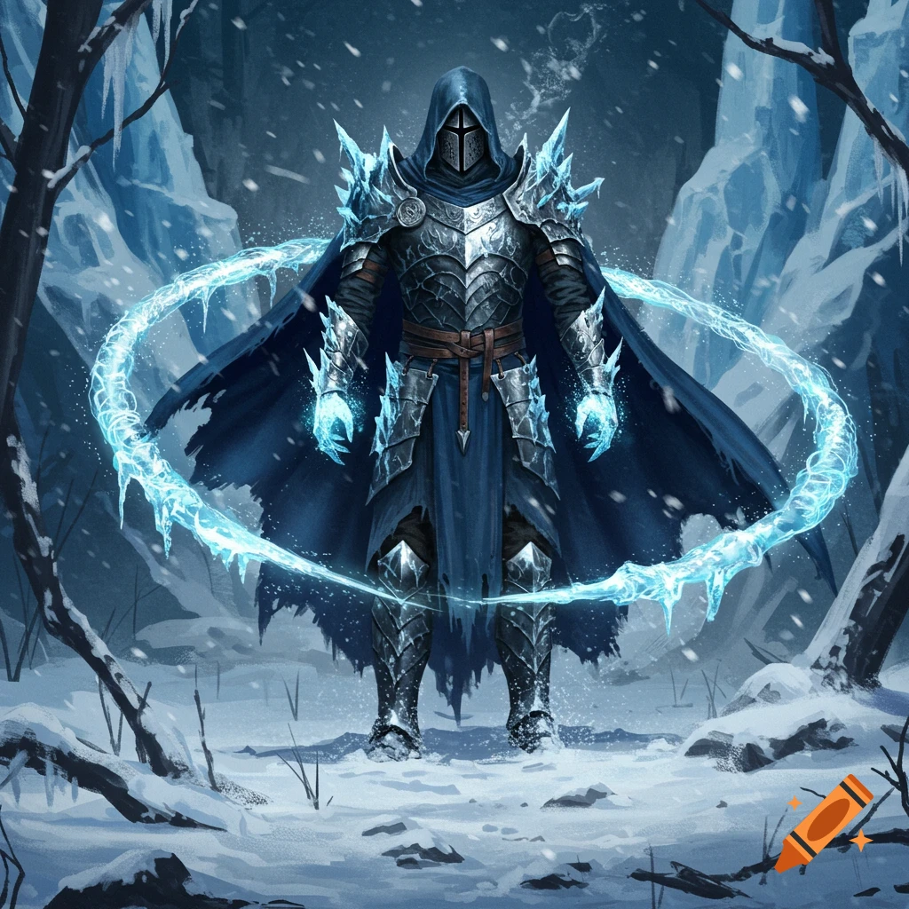 A dark knight in ornate ice armor with glowing blue hands stands in a snowy forest, surrounded by a swirling ring of ice magic.