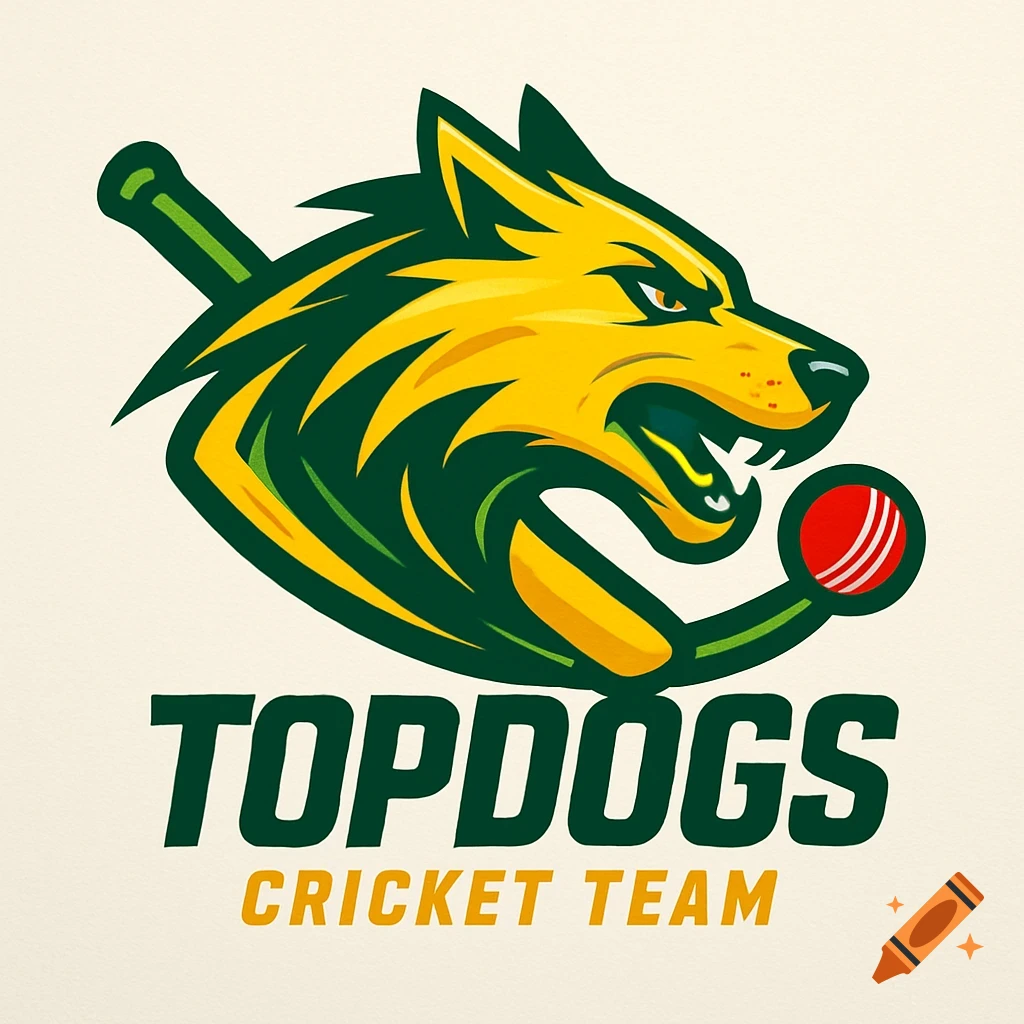 A stylized yellow and green wolf head logo, with a cricket bat and ball, and the text "TOPDOGS CRICKET TEAM".