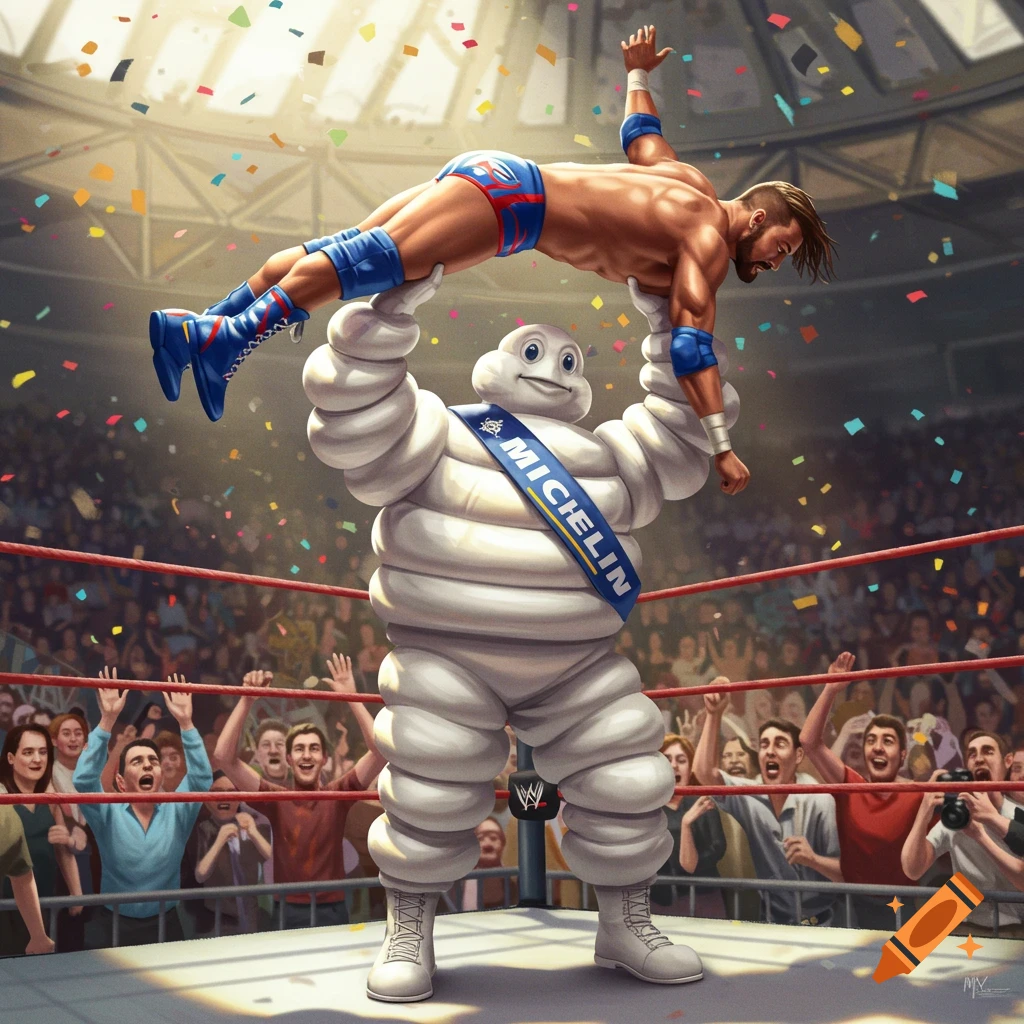 The Michelin Man lifts a muscular pro wrestler overhead in a wrestling ring, surrounded by cheering fans and falling confetti.
