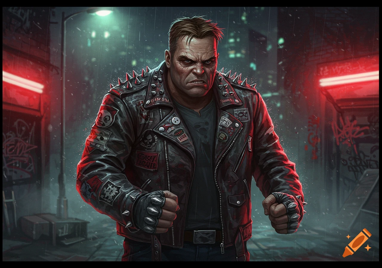 A menacing man in a spiked leather jacket and studded gloves stands in a rainy, neon-lit cyberpunk alley, glaring intensely.