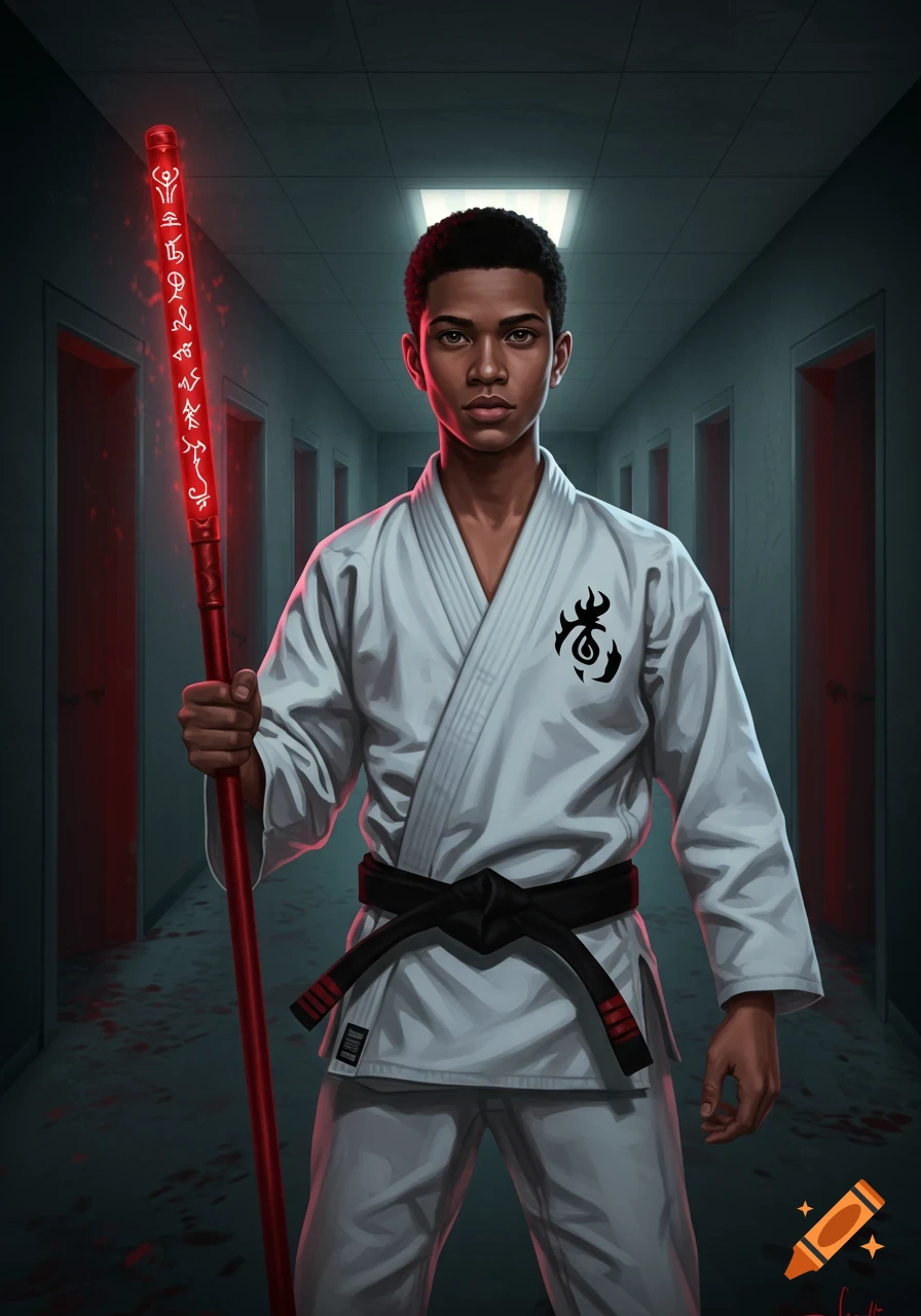 An 18-year-old American martial artist in a white gi with a black flame logo, holding a glowing red staff with mystical symbols, standing in a dark hallway.