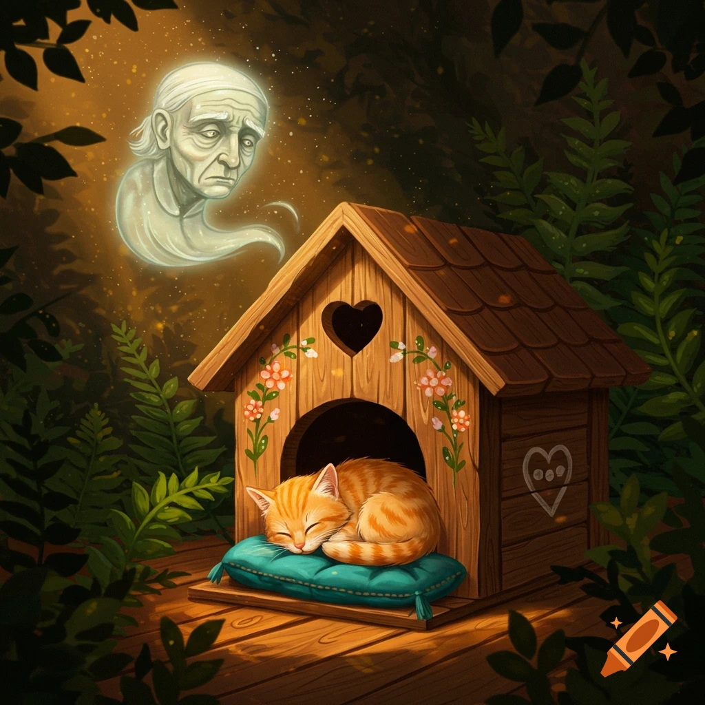 An orange kitten sleeps in a wooden cat house, while a spectral old man floats above in a mystical forest setting.