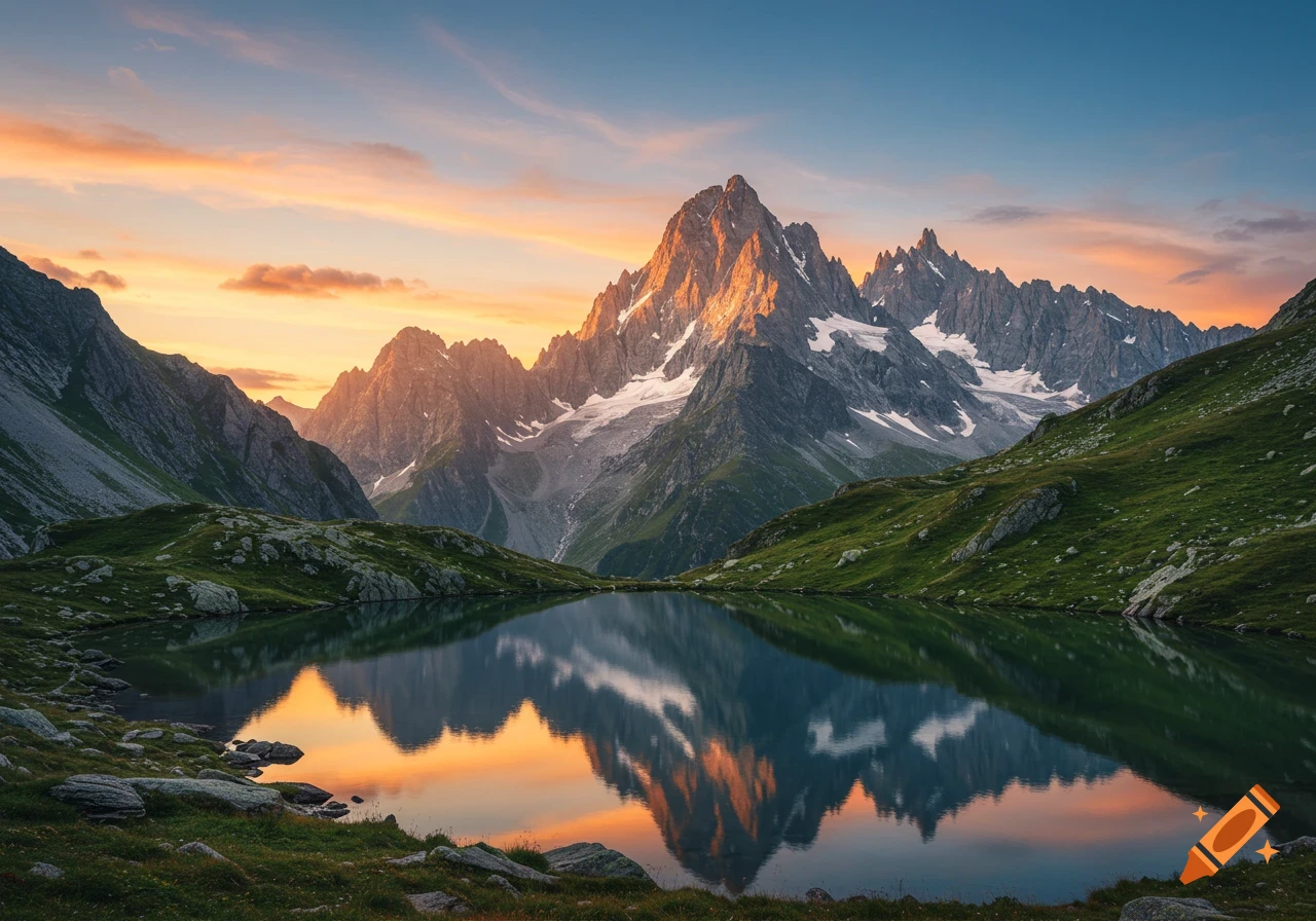 Photorealistic landscape of jagged mountains reflected in a calm lake at sunset, with an orange and blue sky.