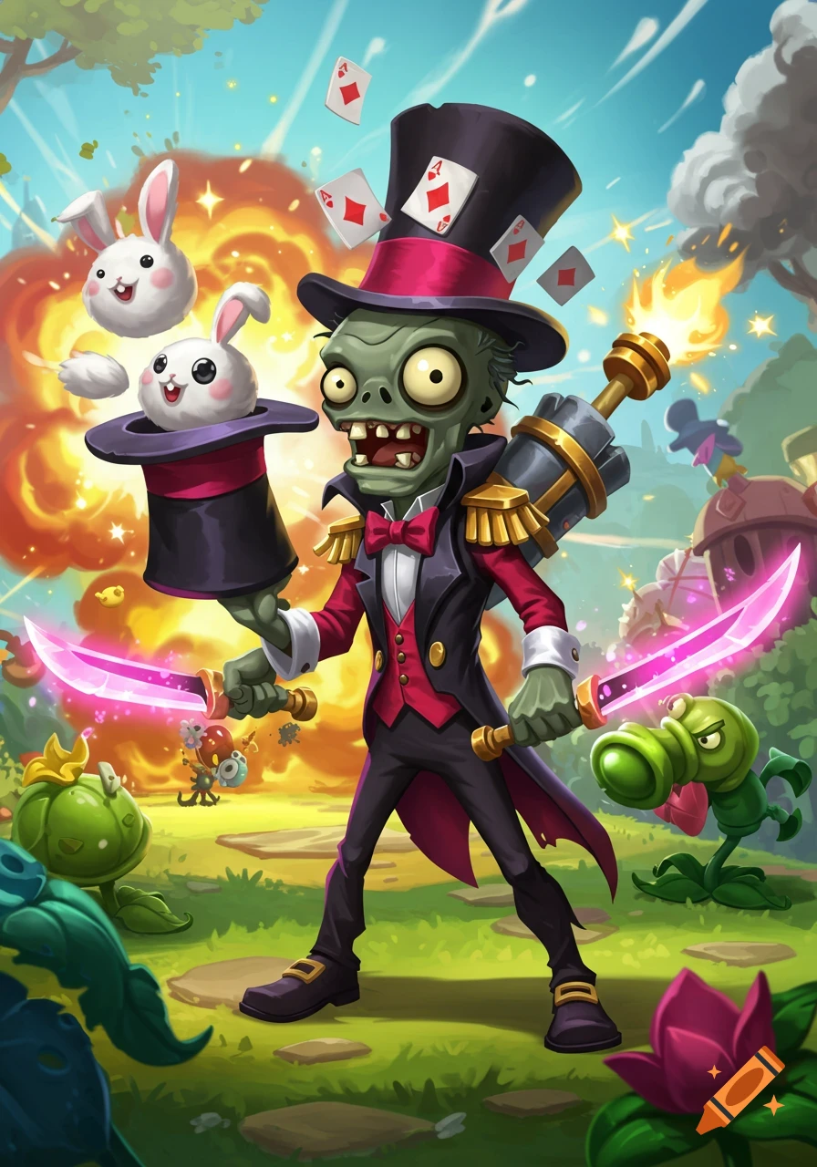 A cartoon zombie magician in a top hat and suit holds glowing pink swords and a hat firing bunnies, with playing cards and explosions in a vibrant garden.
